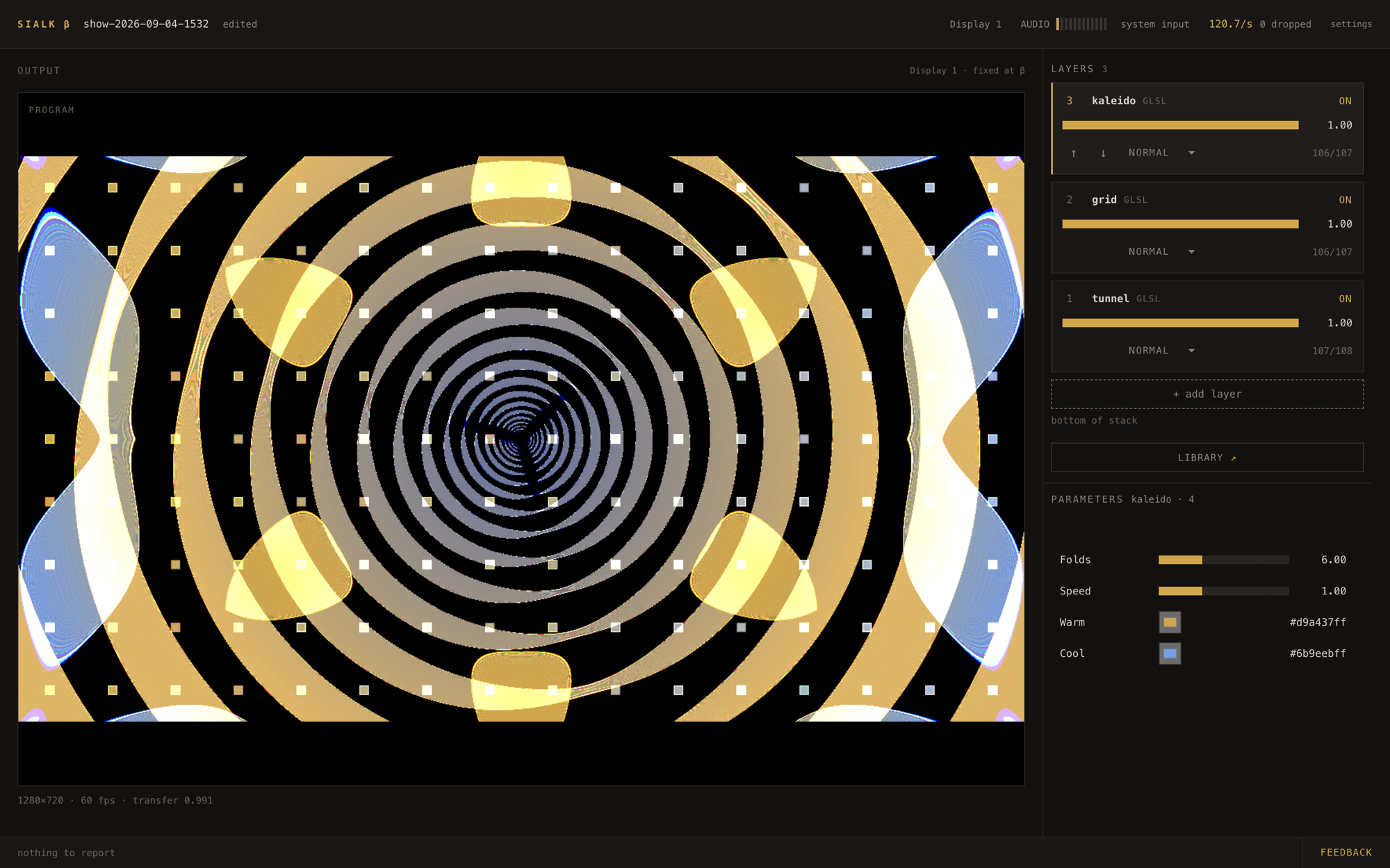 The Sialk operator window running three library visuals, kaleido over grid over tunnel, the composited output filling the left, each layer with an opacity fader and a blend mode, the LIBRARY door under the stack, and kaleido's four controls below.