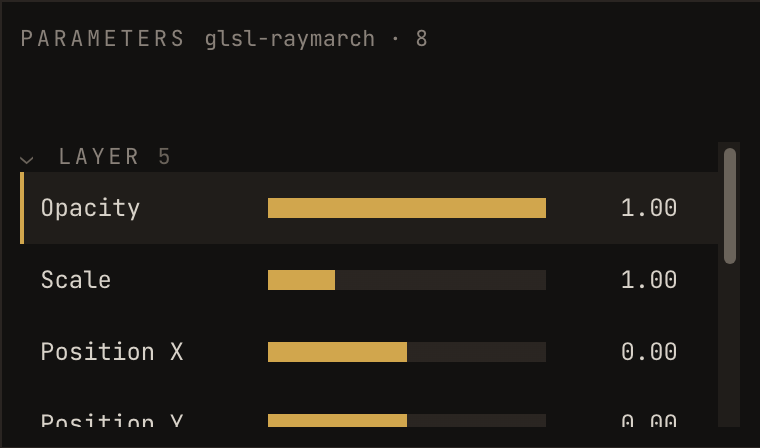 The Sialk parameter list for a layer, showing the LAYER group with Opacity, Scale, Position X, Position Y and Rotation, each with a fader and its current value.