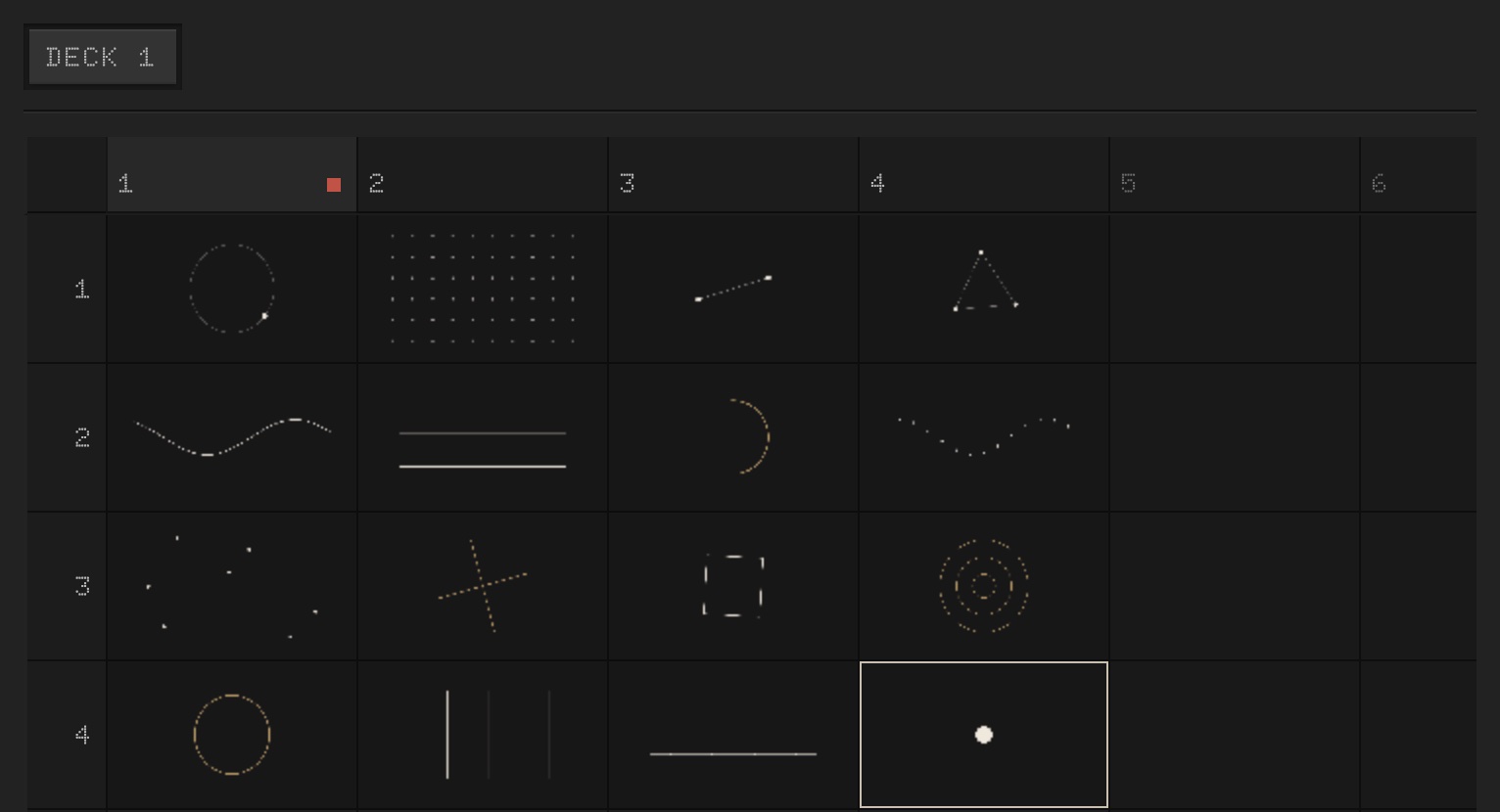 The grid: four rows and four columns of visuals, the first column launched