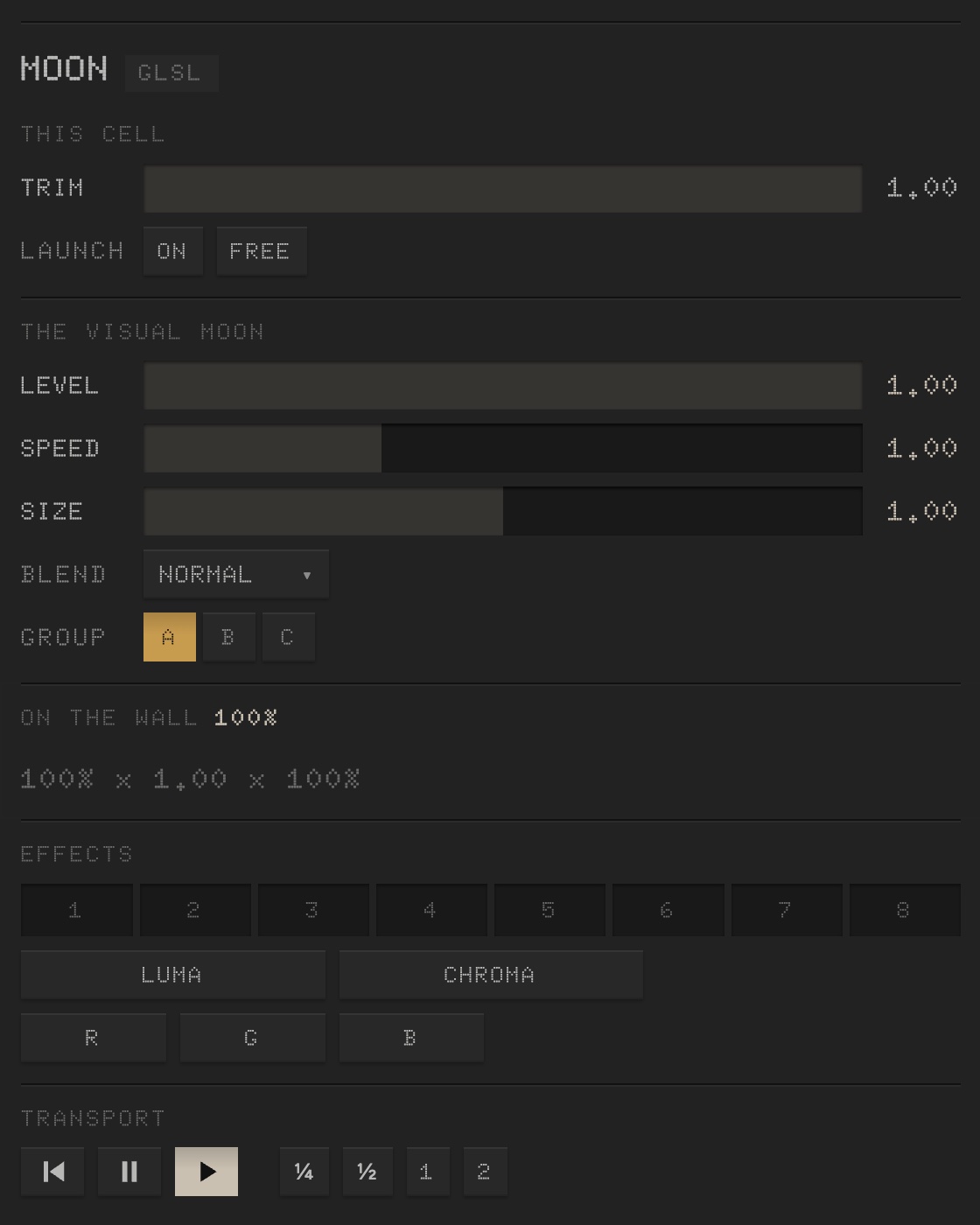 The Inspector: the selected visual’s faders, its blend, group, effects and transport
