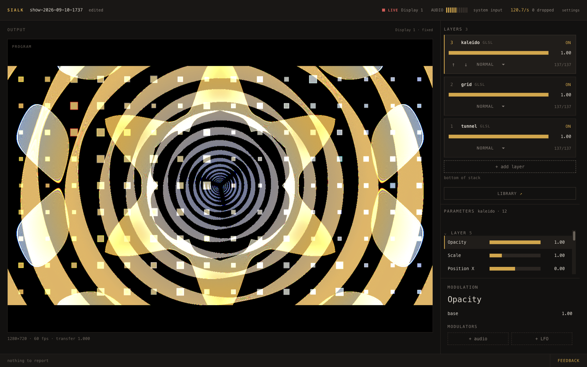 The Sialk Stage operator window running three library visuals, kaleido over grid over tunnel, the composited output filling the left, each layer with an opacity fader and a blend mode, the LIBRARY door under the stack, and kaleido's four controls below.